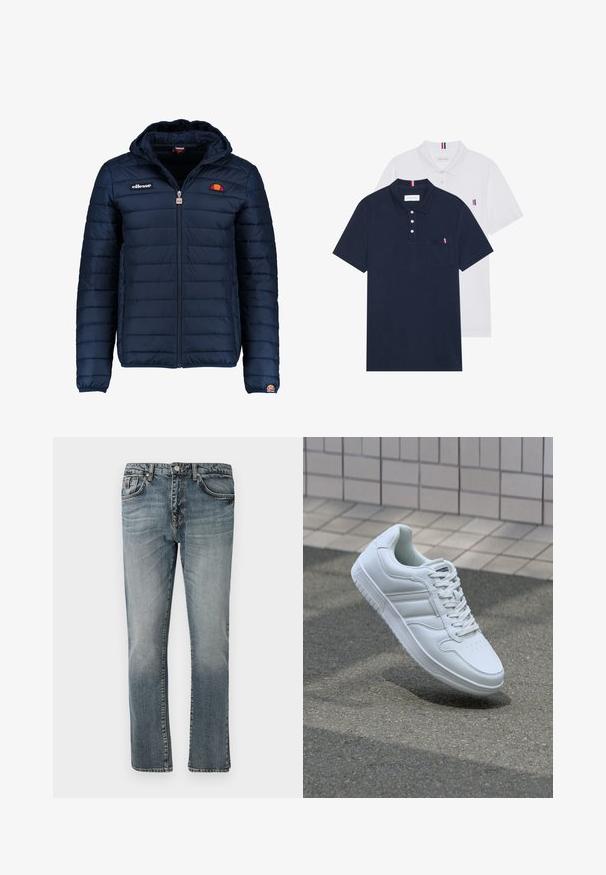 Chaqueta acolchada azul marino con capucha, cierre de cremallera, costuras en canales y acentos de logo en el pecho y la manga. Tejido suave y texturizado.; Dos camisetas polo: una de color azul marino y otra blanca, ambas con un pequeño acento en rojo, blanco y azul en el bolsillo del pecho y el cuello.; Jeans de denim azul con un diseño de pierna recta, que cuentan con un clásico diseño de cinco bolsillos y un lavado desgastado para un aspecto usado.; Zapatilla atlética blanca con parte superior de cuero suave, cierre de cordones en el frente, puntera perforada y suela con patrón. Diseño minimalista con tres rayas laterales.