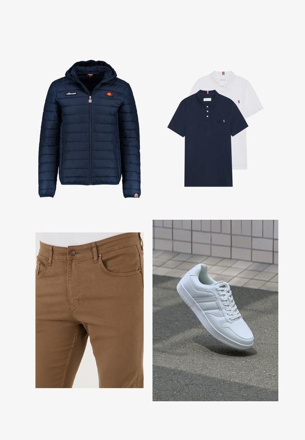 Tums zilā puffer jaka ar kapuci, rāvējslēdzēja aizdare, kanālu šuvēm un logotipa akcentiem uz krūtīm un piedurknēm. Mīksta, teksturēta auduma.; Divas polo kreklu komplekts: viens tumši zils un viens balts, abi ar mazu sarkanu, baltu un zilu akcentu uz krūšu kabatas un apkakles.; Brūni kokvilnas bikses ar slaidu piegriezumu, piecām kabatām un metāla pogas detaļu jostasvietā. Gluda tekstūra, izturīgs audums.; Balti sporta apavi ar gludu ādas virsu, sasienamais priekšpuse, perforēts purngals un rakstaina zole. Minimālisma dizains ar trim sānu svītrām.
