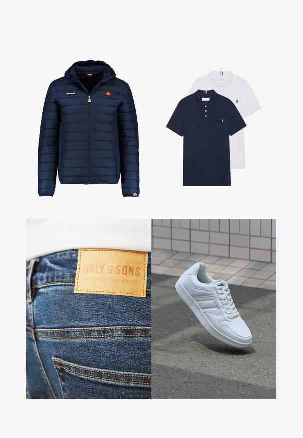 Temno modra napihnjena jakna s kapuco, z zadrgo, kanalnim šivom in logotipom na prsih in rokavu. Mehka, teksturirana tkanina.; Dve polo majice: ena mornarsko modra in ena bela, obe z majhnim rdečim, belim in modrim poudarjanjem na žepu in ovratniku.; Modri tekstilni kavbojke z izstopajočo svetlo rjavo usnjeno etiketo, nastavljeno na hrbtni strani, ki nosi besedilo "ONLY & SONS" in "PASSIONATE JEANS MAKERS."; Bela atletska teniska obutev z gladkim usnjenim zgornjim delom, vezanjem spredaj, perforiranim prstom in vzorčastim podplatom. Minimalistična zasnova s tremi stranskimi črtami.