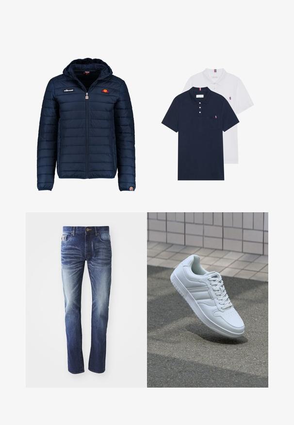 Casaco puffer azul marinho com capuz, fecho de correr, costura em canais e detalhes do logo no peito e na manga. Tecido macio e texturizado.; Duas camisetas polo: uma azul-marinho e uma branca, ambas com um pequeno detalhe em vermelho, branco e azul no bolso do peito e na gola.; Jeans de ganga com um gradiente de azul escuro a claro, design de cinco bolsos, detalhes em dourado e corte reto. A textura é ligeiramente açoitada.; Sapatilha desportiva branca com parte superior em couro liso, frente com atacadores, bico perfurado e sola padronizada. Design minimalista com três riscas laterais.