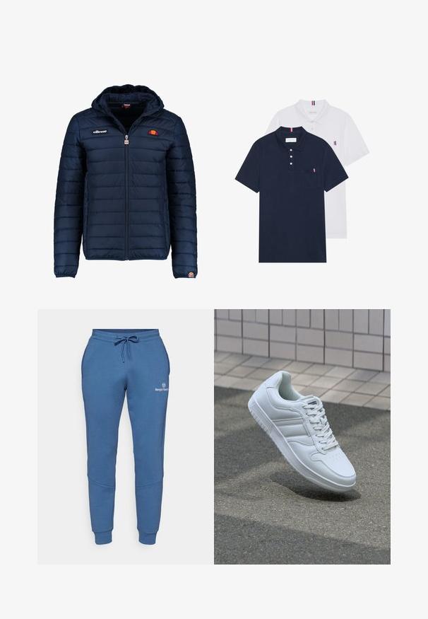 Tengerészkék puffos dzseki kapucnival, cipzáras záródással, csatorna varrással, és logóval díszített mellkassal és ujjakkal. Puha, texturált anyag.; Két pólóing: az egyik sötétkék, a másik fehér, mindkettőn kicsi piros, fehér és kék díszítés található a mellzsebből és a galléron.; Kék melegítőnadrág puha anyagból, rugalmas derékrésszel és húzózsinórral, oldalsó zsebekkel és logóval a combon.; Fehér sportcipő sima bőr felsőrésszel, fűzős elülettel, perforált orral és mintázott talppal. Minimalista dizájn három oldalsávval.