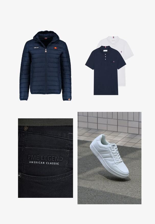 Temno modra napihnjena jakna s kapuco, z zadrgo, kanalnim šivom in logotipom na prsih in rokavu. Mehka, teksturirana tkanina.; Dve polo majice: ena mornarsko modra in ena bela, obe z majhnim rdečim, belim in modrim poudarjanjem na žepu in ovratniku.; Črne jeans hlače iz denima imajo teksturiran zaključek z diskretnim sijajem. Na etiketi je napis "PME LEGEND AMERICAN CLASSIC" v embosiranih belih črkah.; Bela atletska teniska obutev z gladkim usnjenim zgornjim delom, vezanjem spredaj, perforiranim prstom in vzorčastim podplatom. Minimalistična zasnova s tremi stranskimi črtami.