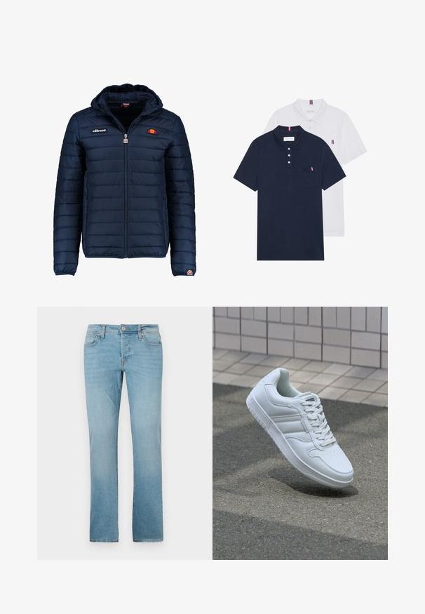 Granatowa kurtka puchowa z kapturem, zapinana na zamek, z przeszyciami w kształcie kanałów oraz akcentami loga na piersi i rękawie. Miękka, teksturowana tkanina.; Dwa koszulki polo: jedna granatowa, a druga biała, obie z małym akcentem w kolorach czerwonym, białym i niebieskim na kieszeni na piersi oraz kołnierzyku.; Jasnoniebieskie dżinsy wykonane z denimu, z prostymi nogawkami, pięcioma kieszeniami, zapięciem na guzik oraz delikatnym przetarciem dla uzyskania tekstury.; Białe sportowe trampki z gładkiej skóry, z zapięciem na sznurowadła, perforowanym noskiem i wzorzystą podeszwą. Minimalistyczny design z trzema paskami po bokach.