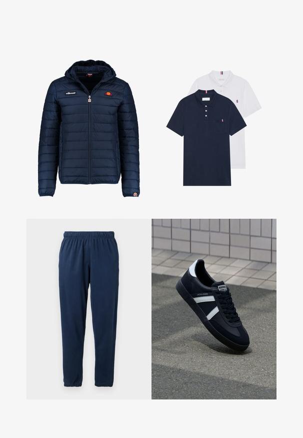 Tamsiai mėlynas pūkinis švarkas su gobtuvu, užtrauktuku, kanalų siuvimu ir logotipo akcentais krūtinėje bei rankovėje. Minkšta, tekstūruota medžiaga.; Du keturių marškiniai: vienas tamsiai mėlynas ir vienas baltas, abu su mažais raudonais, baltais ir mėlynais akcentais ant krūtinės kišenės ir apykaklės.; Tamsiai mėlynos sportinės kelnės, pagamintos iš minkštos medžiagos, su elastingu juosmeniu ir siaurėjančiomis kojomis su elastiniais rankovėmis. Nėra matomų raštų ar akcentų.; Juodas odinis sportinis batelis su baltais dryžiais, tekstūruota gumine padais ir raišteliais priekyje. Yra prekės ženklą žymintis etiketė ant liežuvio.