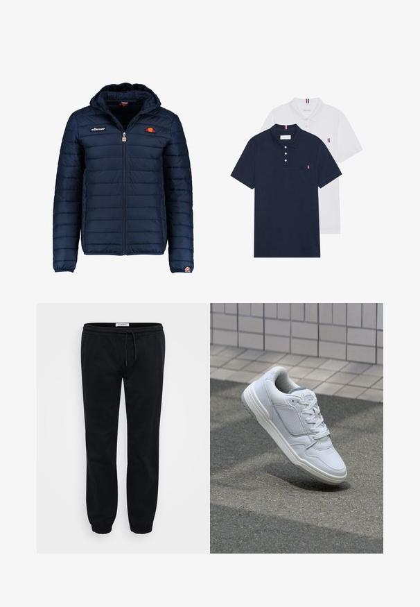 Granatowa kurtka puchowa z kapturem, zapinana na zamek, z przeszyciami w kształcie kanałów oraz akcentami loga na piersi i rękawie. Miękka, teksturowana tkanina.; Dwa koszulki polo: jedna granatowa, a druga biała, obie z małym akcentem w kolorach czerwonym, białym i niebieskim na kieszeni na piersi oraz kołnierzyku.; Czarne dresy wykonane z miękkiej bawełny, z elastycznym paskiem w talii i sznurkiem do regulacji. Posiadają elastyczne mankiety oraz boczne kieszenie dla większej funkcjonalności.; Białe skórzane trampki z perforowanymi bokami, teksturowanymi akcentami, płaskimi sznurowadłami i kontrastującym szarym obcasem. Posiadają lekko podniesioną podeszwę.