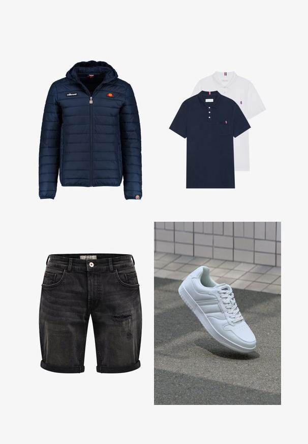 Navy blue puffer jacket with a hood, zip closure, channel stitching, and logo accents on the chest and sleeve. Soft, textured fabric.; Two polo shirts: one navy blue and one white, both with a small red, white, and blue accent on the chest pocket and collar.; Black denim shorts with a distressed finish, featuring rolled cuffs, five-pocket design, and subtle fading for texture and detail.; White athletic sneaker with smooth leather upper, lace-up front, perforated toe, and patterned sole. Minimalist design with three side stripes.