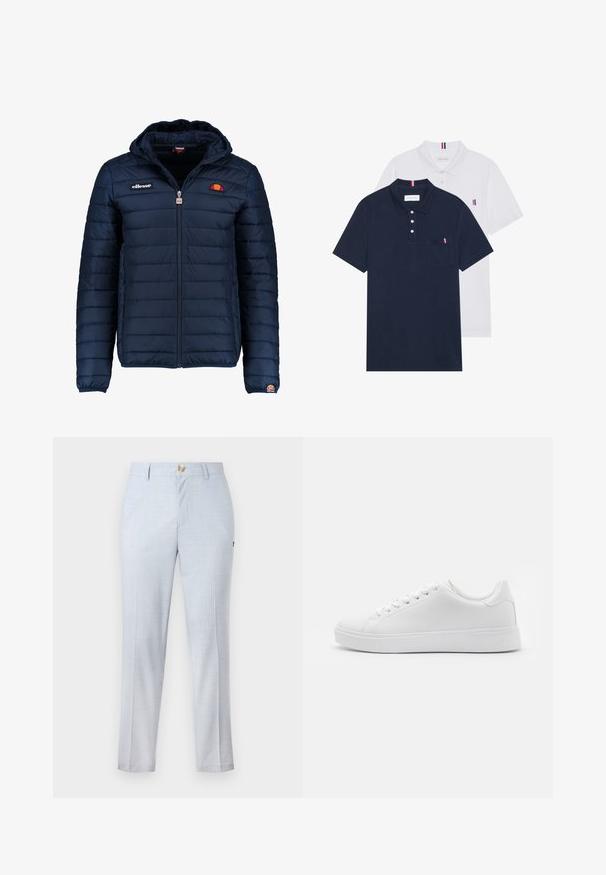 Tumedat sinised puffer jakk kapuutsiga, lukuga suletav, kanalite õmblustega ning logo aktsentidega rinnal ja varrukal. Pehme, tekstuuriga kangas.; Kaks polo särki: üks tumesinine ja üks valge, mõlemal on rinnataskul ja krael väike punase, valge ja sinise aktsent.; Heledad sinine kleitpüksid, mis on valmistatud kootud kangast, klassikalise lõikega, sirge säärega, ees taskutega ja nööbiga kinnitusega. Õrn muster.; Valged jooksujalanõud sileda sünteetilise ülaosa, ümmarguse nina, kuue aukuga paelte jaoks ja madala profiiliga kummist talla, millel on tekstuuritud üksikasjad.