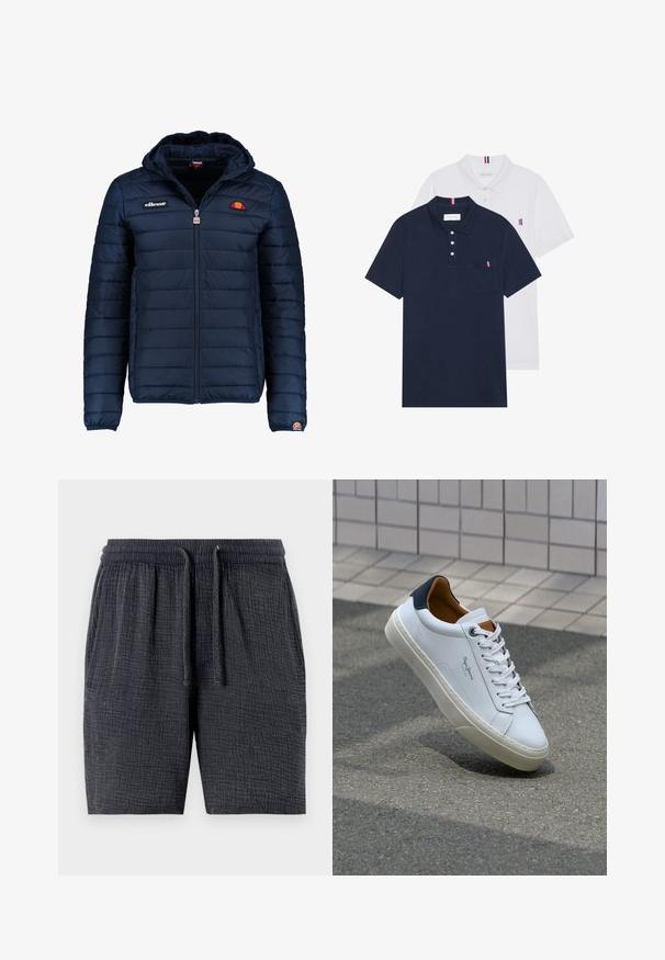 Veste matelassée bleu marine avec capuche, fermeture zippée, coutures en canaux et accents de logo sur la poitrine et la manche. Tissu doux et texturé.; Deux polos : un bleu marine et un blanc, tous deux avec un petit accent rouge, blanc et bleu sur la poche poitrine et le col.; Shorts gris foncé en tissu texturé, dotés d'une taille élastique avec cordon de serrage et de poches latérales.; Sneaker en cuir blanc avec un talon bleu marine, bout rond et accents marron contrastés. Dispose de lacets plats et d'une semelle en caoutchouc texturée.