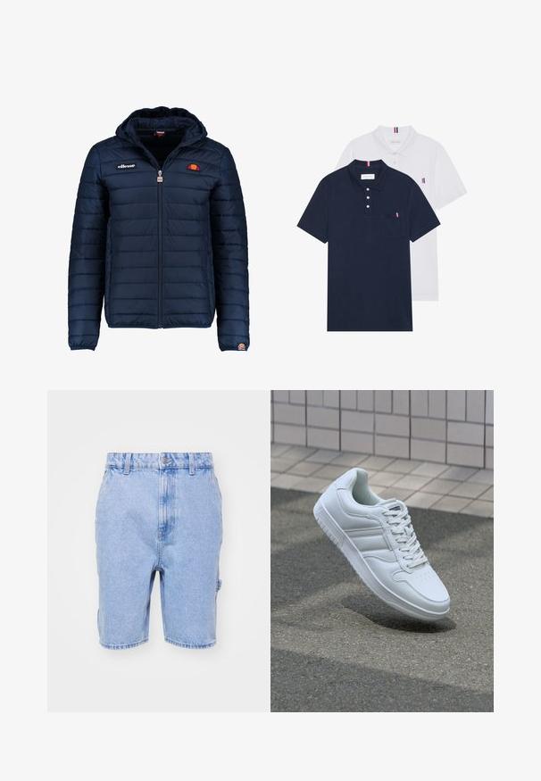Marineblå puffjakke med hette, glidelås, kanalsøm og logoaksenter på brystet og ermet. Mykt, teksturert stoff.; To polo skjorter: en marineblå og en hvit, begge med en liten rød, hvit og blå aksent på brystlommen og kragen.; Lyseblå denimshorts med vanlig passform, beltehemper i midjen, frontlommer og subtile falming detaljer.; Hvit atletisk sneaker med glatt skinnoverside, snøring foran, perforert tå og mønstrets såle. Minimalistisk design med tre side-striper.