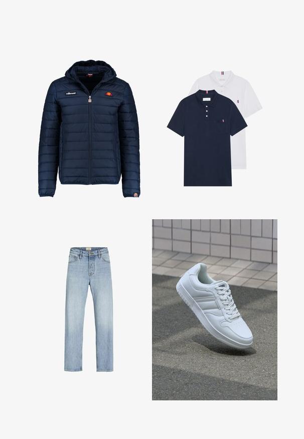 Jachetă puffer de culoare bleumarin, cu glugă, închidere cu fermoar, cusături în canale și detalii cu logo pe piept și pe mânecă. Material moale, texturat.; Două tricouri polo: unul albastru navy și unul alb, ambele având un mic accent roșu, alb și albastru pe buzunarul de la piept și guler.; Jeans din denim albastru deschis cu croi drept, design cu cinci buzunare, închidere cu buton și fermoar și o estompare subtilă a materialului.; Adidași albi pentru sport cu superior din piele netedă, sistem de șireturi în față, vârf perforat și talpă cu model. Design minimalist cu trei dungi laterale.