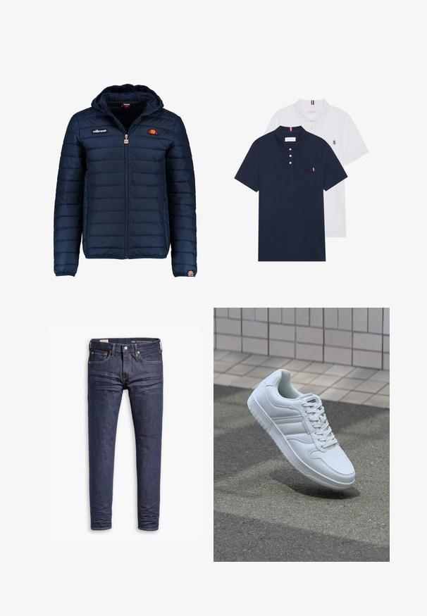 Ναυτικό μπλε ηλεκτρικό μπουφάν με κουκούλα, φερμουάρ, ραφές καναλιού και λογότυπα στο στήθος και το μανίκι. Μαλακό, υφασμάτινο υλικό.; Δύο πουκάμισα πόλο: ένα σκούρο μπλε και ένα λευκό, και τα δύο με ένα μικρό κόκκινο, λευκό και μπλε διακοσμητικό στη τσέπη του στήθους και στον γιακά.; Σκούρες μπλε slim-fit τζιν Levi's Performance με πέντε τσέπες και ορατή ραφή σε λευκό φόντο.; Λευκό αθλητικό sneaker με λείο δερμάτινο άνω μέρος, κορδόνια μπροστά, τρυπητή μύτη και σχεδιασμένη σόλα. Μινιμαλιστικός σχεδιασμός με τρεις πλευρικές ρίγες.