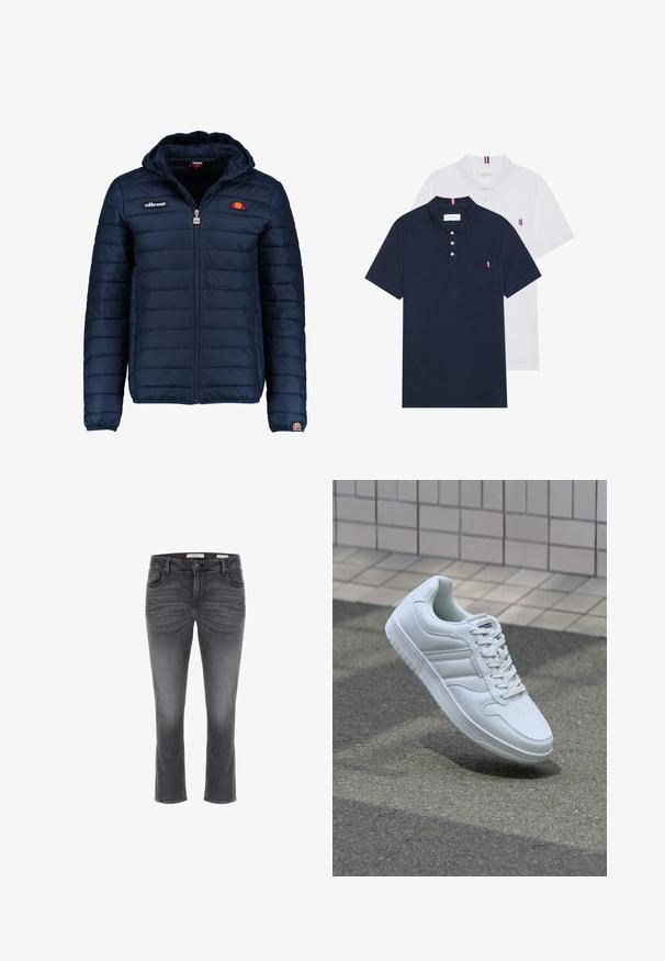 Mornaricnoplava pufasta jakna s kapuljačom, zatvaranje na zip, kanalno šivanje i akcenti s logom na prsima i rukavu. Mekani, teksturirani materijal.; Dva polo majice: jedna tamnoplava i jedna bijela, obje s malim crveno-bijelim-plavim naglaskom na džepu i ovratniku.; Sive traperice sa ravnim krojem, pet džepova i suptilnim izbljeđivanjem. Imaju kopčanje na gumb i petlje za remen u struku.; Bijela atletska tenisica s glatkim kožnim gornjim dijelom, vezanjem sprijeda, perforiranim vrhom i uzorkovanim đonom. Minimalistički dizajn s tri bočne pruge.