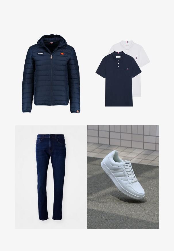 Tumedat sinised puffer jakk kapuutsiga, lukuga suletav, kanalite õmblustega ning logo aktsentidega rinnal ja varrukal. Pehme, tekstuuriga kangas.; Kaks polo särki: üks tumesinine ja üks valge, mõlemal on rinnataskul ja krael väike punase, valge ja sinise aktsent.; Tumedat sinised teksad sirge säärega, viie tasku ja klassikalise nööbistusuga. Kangas on sileda tekstuuriga ja kergelt pleekinud.; Valge spordijalanõud silederja nahkvarrega, ninast paeltega, perforatsiooni tõttu ventilatsiooniga ning mustrilise tallaga. Minimalistlik disain, millel on kolm külgmist triipu.