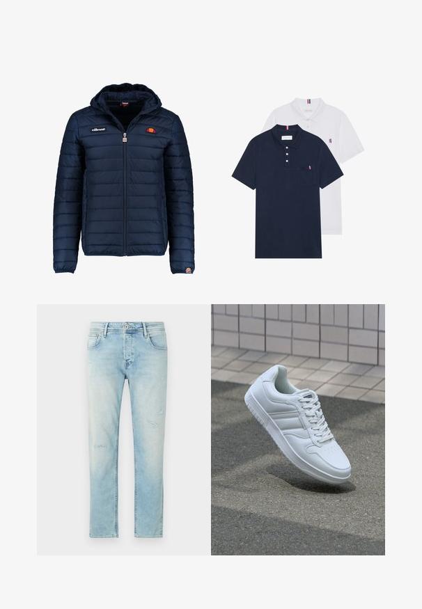 Temno modra napihnjena jakna s kapuco, z zadrgo, kanalnim šivom in logotipom na prsih in rokavu. Mehka, teksturirana tkanina.; Dve polo majice: ena mornarsko modra in ena bela, obe z majhnim rdečim, belim in modrim poudarjanjem na žepu in ovratniku.; Svijetloplave traperice ravnog kroja, s vidljivim oštećenjima i izblijedjelim dijelovima, pet džepova i zatvaranjem na dugme.; Bela atletska teniska obutev z gladkim usnjenim zgornjim delom, vezanjem spredaj, perforiranim prstom in vzorčastim podplatom. Minimalistična zasnova s tremi stranskimi črtami.