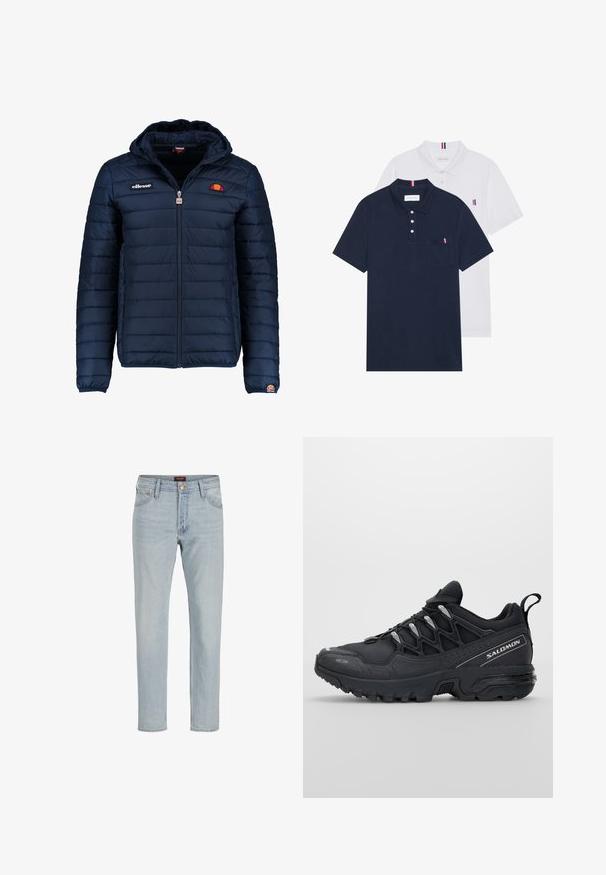 Temno modra napihnjena jakna s kapuco, z zadrgo, kanalnim šivom in logotipom na prsih in rokavu. Mehka, teksturirana tkanina.; Dve polo majice: ena mornarsko modra in ena bela, obe z majhnim rdečim, belim in modrim poudarjanjem na žepu in ovratniku.; Svetlo modri kavbojke z ravnim krojem, zasnovane s petimi žepi, gumbom za zapiranje in rahlo pobledelim videzom.; Črne športne čevlje z mrežasto zgornjšo plastjo, gumijastim podplatom in odbojnimi detajli. Imajo oblazinjen podplat in zasnovo z vezalnim zapiranjem.