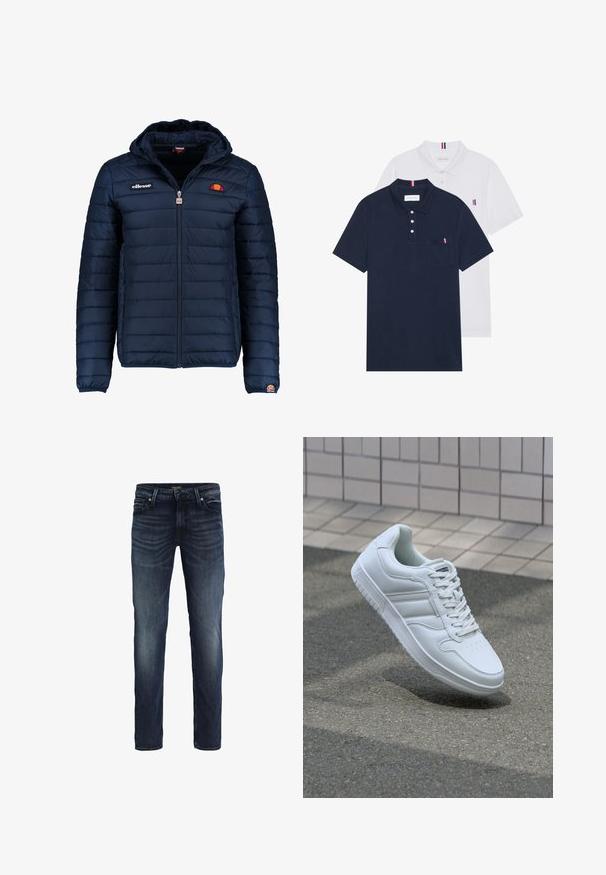 Veste matelassée bleu marine avec capuche, fermeture zippée, coutures en canaux et accents de logo sur la poitrine et la manche. Tissu doux et texturé.; Deux polos : un bleu marine et un blanc, tous deux avec un petit accent rouge, blanc et bleu sur la poche poitrine et le col.; Jack & Jones Clark - Jean droit - blue denim; Baskets blanches de sport avec une tige en cuir lisse, un laçage à l'avant, une pointe perforée et une semelle à motifs. Design minimaliste avec trois bandes latérales.