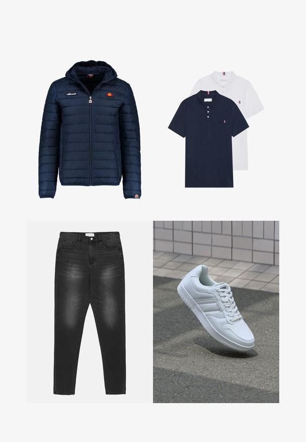 Tummansininen puhvitakki, jossa on huppu, vetoketjukiinnitys, kanavapistoilu ja logoteemaiset yksityiskohdat rinnassa ja hihassa. Pehmeä, teksturoitu kangas.; Kaksi polo-paitaa: yksi tummansininen ja yksi valkoinen, molemmissa pieni punainen, valkoinen ja sininen yksityiskohta rintataskussa ja kauluksessa.; Mustat farkut, joissa on haalistunut pesu, korkea vyötärö, viiden taskun muotoilu ja hopeiset yksityiskohdat. Suora lahkeen leikkaus kontrastivärillä ommeltuina yksityiskohtina.; Valkoiset urheilukengät, joissa on sileä nahkapinta, nauhakiinnitys edessä, rei'itetty kärki ja kuvioitu pohja. Minimalistinen muotoilu, jossa on kolme sivuraitaa.