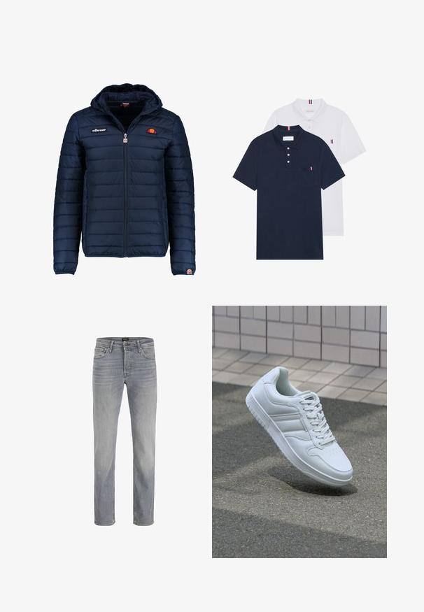 Tumedat sinised puffer jakk kapuutsiga, lukuga suletav, kanalite õmblustega ning logo aktsentidega rinnal ja varrukal. Pehme, tekstuuriga kangas.; Kaks polo särki: üks tumesinine ja üks valge, mõlemal on rinnataskul ja krael väike punase, valge ja sinise aktsent.; Heledhalli denimi teksad, sirge sääre disainiga, viie tasku stiiliga ja klassikalise nupulukuga. Sile kangast tekstuur ja puhas viimistlus.; Valge spordijalanõud silederja nahkvarrega, ninast paeltega, perforatsiooni tõttu ventilatsiooniga ning mustrilise tallaga. Minimalistlik disain, millel on kolm külgmist triipu.