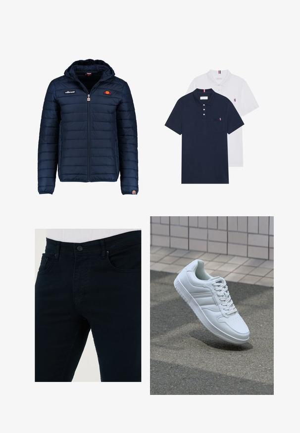 Mornaricnoplava pufasta jakna s kapuljačom, zatvaranje na zip, kanalno šivanje i akcenti s logom na prsima i rukavu. Mekani, teksturirani materijal.; Dva polo majice: jedna tamnoplava i jedna bijela, obje s malim crveno-bijelim-plavim naglaskom na džepu i ovratniku.; Tamno plave traperice od pamučnog denima. Imaju klasičan dizajn s kopčanjem na dugme, dva prednja džepa i glatku teksturu.; Bijela atletska tenisica s glatkim kožnim gornjim dijelom, vezanjem sprijeda, perforiranim vrhom i uzorkovanim đonom. Minimalistički dizajn s tri bočne pruge.