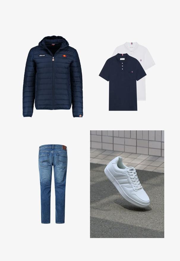 Ναυτικό μπλε ηλεκτρικό μπουφάν με κουκούλα, φερμουάρ, ραφές καναλιού και λογότυπα στο στήθος και το μανίκι. Μαλακό, υφασμάτινο υλικό.; Δύο πουκάμισα πόλο: ένα σκούρο μπλε και ένα λευκό, και τα δύο με ένα μικρό κόκκινο, λευκό και μπλε διακοσμητικό στη τσέπη του στήθους και στον γιακά.; Τζιν από ανοιχτό έως μεσαίο πλύσιμο τζιν, με κόψιμο straight-leg, δύο πίσω τσέπες και καφέ δερμάτινη ετικέτα στη μέση.; Λευκό αθλητικό sneaker με λείο δερμάτινο άνω μέρος, κορδόνια μπροστά, τρυπητή μύτη και σχεδιασμένη σόλα. Μινιμαλιστικός σχεδιασμός με τρεις πλευρικές ρίγες.