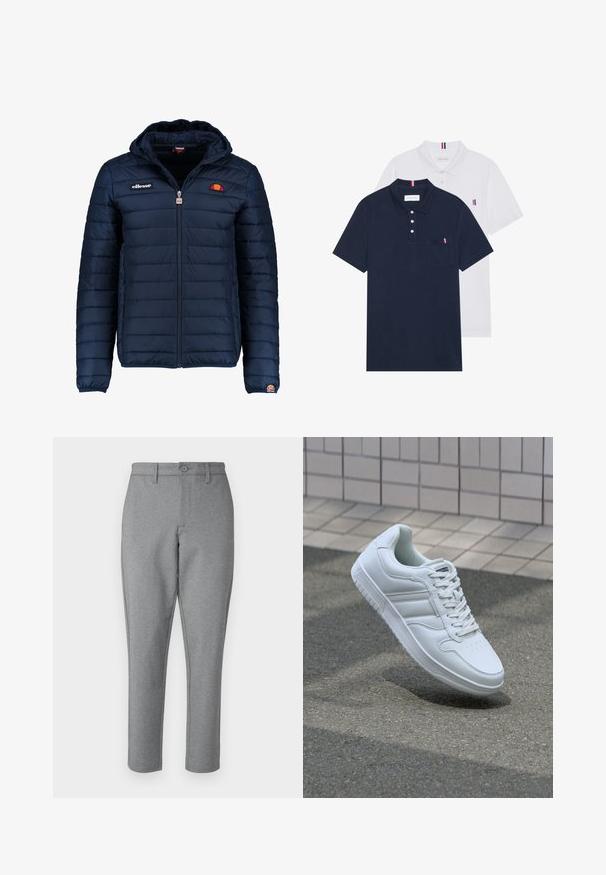 Mørkeblå puffjakke med hætte, lynlåslukning, kanalstyret syning og logo-detaljer på brystet og ærmet. Blødt, struktureret stof.; To polo skjorter: en marineblå og en hvid, begge med en lille rød, hvid og blå detalje på brystlommen og kraven.; Grå skræddersyede bukser med en subtil tekstur, lige pasform og frontlås med knap. Har bæltestropper og sidelommer.; Hvide atletiske sneakers med glat læderoverdel, snørelukning foran, perforeret tå og mønstret sål. Minimalistisk design med tre sidelister.