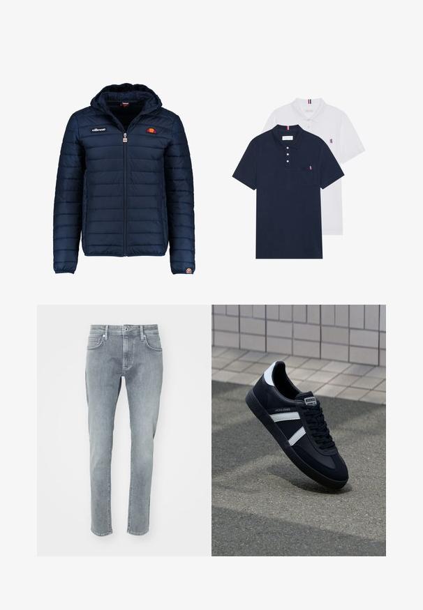 Mörkblå pufferjacka med huva, dragkedjestängning, kanalsömmar och logodetaljer på bröstet och ärmen. Mjuk, texturerad tyg.; Två polo t-shirts: en marinblå och en vit, båda med en liten röd, vit och blå detalj på bröstfickan och kragen.; Ljust grå denimjeans med rak ben-design, med zipfly, fem fickor och subtila tvättar på framsidan.; Svart lädersneaker med vita ränder, texturerad gummisul, och snörning fram. Har en märkesskylt på tungan.