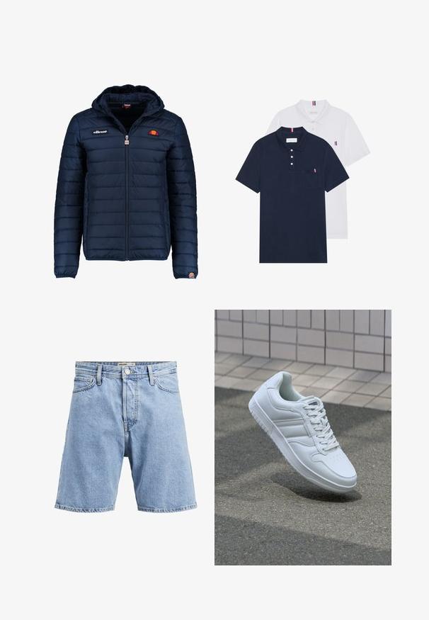 Mörkblå pufferjacka med huva, dragkedjestängning, kanalsömmar och logodetaljer på bröstet och ärmen. Mjuk, texturerad tyg.; Två polo t-shirts: en marinblå och en vit, båda med en liten röd, vit och blå detalj på bröstfickan och kragen.; Jack & Jones JJITONY - Jeansshorts - blue denim; Vit atletisk sneakers med slätt läderöverdel, snörning fram, perforerad tå och mönstrad sula. Minimalistisk design med tre sidostycken.