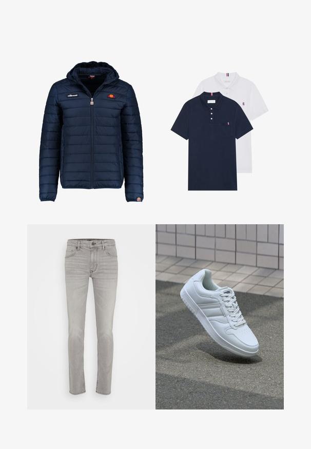 Jachetă puffer de culoare bleumarin, cu glugă, închidere cu fermoar, cusături în canale și detalii cu logo pe piept și pe mânecă. Material moale, texturat.; Două tricouri polo: unul albastru navy și unul alb, ambele având un mic accent roșu, alb și albastru pe buzunarul de la piept și guler.; Jeanși din denim gri deschis, cu croială dreaptă, design clasic cu cinci buzunare, ușor decolorati și detalii cusute de-a lungul cusăturilor.; Adidași albi pentru sport cu superior din piele netedă, sistem de șireturi în față, vârf perforat și talpă cu model. Design minimalist cu trei dungi laterale.