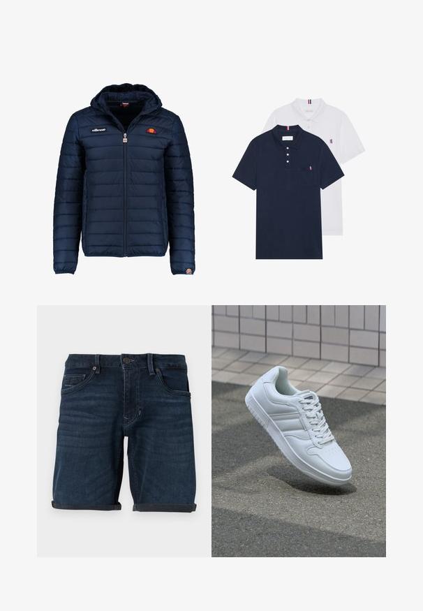 Chaqueta acolchada azul marino con capucha, cierre de cremallera, costuras en canales y acentos de logo en el pecho y la manga. Tejido suave y texturizado.; Dos camisetas polo: una de color azul marino y otra blanca, ambas con un pequeño acento en rojo, blanco y azul en el bolsillo del pecho y el cuello.; Pantalones cortos de mezclilla azul oscuro con puños enrollados, que presentan bolsillos frontales, un cierre de botón y una etiqueta de marca en el bolsillo trasero.; Zapatilla atlética blanca con parte superior de cuero suave, cierre de cordones en el frente, puntera perforada y suela con patrón. Diseño minimalista con tres rayas laterales.