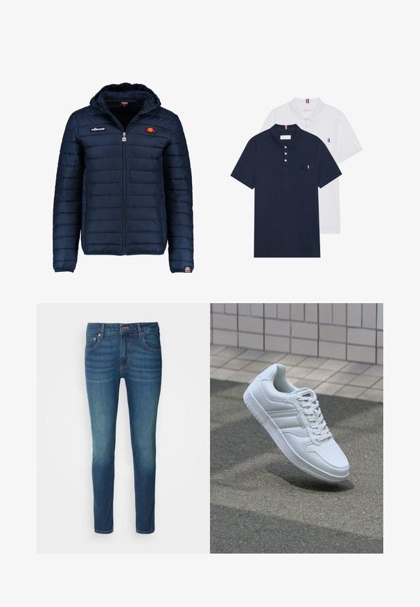 Dunkelblaue Daunenjacke mit Kapuze, Reißverschluss, Kastensteppnähten und Logo-Akzenten auf der Brust und dem Ärmel. Weicher, strukturierter Stoff.; Zwei Poloshirts: eines in marineblau und eines in Weiß, beide mit einem kleinen rot, weiß und blauen Akzent auf der Brusttasche und dem Kragen.; Dunkelblaue Denim-Jeans mit einem figurbetonten Schnitt, die ein klassisches Fünf-Taschen-Design, einen Metallknopfverschluss und leichte Verblassungen an den Beinen aufweisen.; Weiße sportliche Sneaker mit Obermaterial aus glattem Leder, Schnürfront, durchlöchtem Zehenbereich und gemusterter Sohle. Minimalistisches Design mit drei Seitenstreifen.