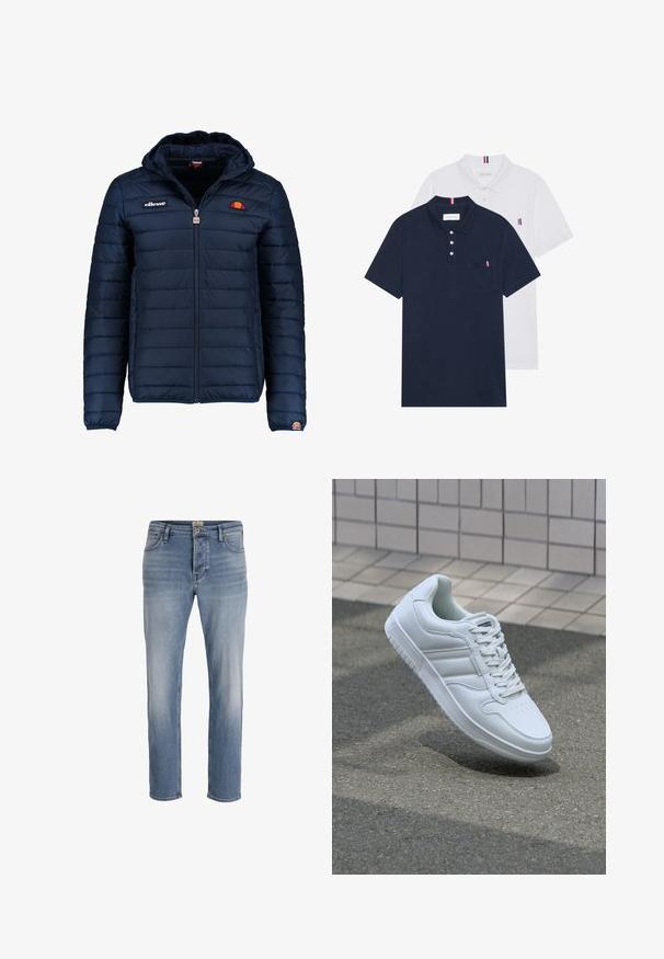 Tengerészkék puffos dzseki kapucnival, cipzáras záródással, csatorna varrással, és logóval díszített mellkassal és ujjakkal. Puha, texturált anyag.; Két pólóing: az egyik sötétkék, a másik fehér, mindkettőn kicsi piros, fehér és kék díszítés található a mellzsebből és a galléron.; Világoskék farmernadrág, egyenes szabással, enyhe fakulással elöl, öt zsebes kialakítással és fémből készült gombbal a deréknál.; Fehér sportcipő sima bőr felsőrésszel, fűzős elülettel, perforált orral és mintázott talppal. Minimalista dizájn három oldalsávval.