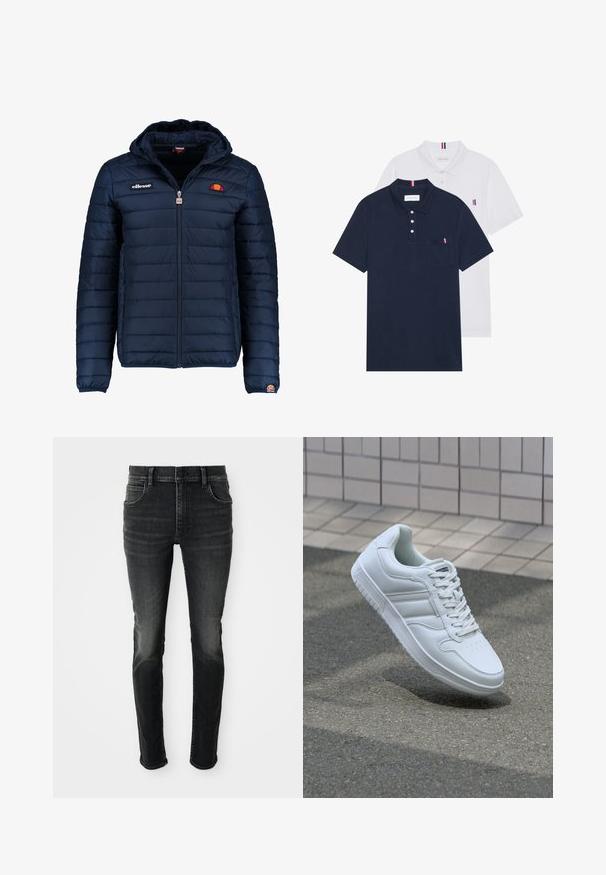 Temno modra napihnjena jakna s kapuco, z zadrgo, kanalnim šivom in logotipom na prsih in rokavu. Mehka, teksturirana tkanina.; Dve polo majice: ena mornarsko modra in ena bela, obe z majhnim rdečim, belim in modrim poudarjanjem na žepu in ovratniku.; Temno sivi, visok pas, tesni džins s sploščeno teksturo. Vsebuje pet žepov, zanke za pas in klasično zapiranje z gumbom.; Bela atletska teniska obutev z gladkim usnjenim zgornjim delom, vezanjem spredaj, perforiranim prstom in vzorčastim podplatom. Minimalistična zasnova s tremi stranskimi črtami.
