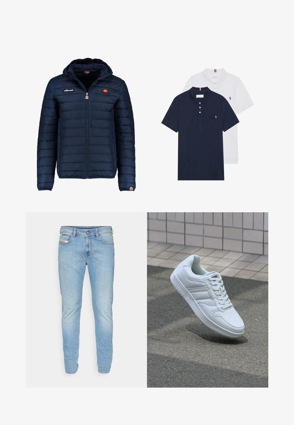Tumedat sinised puffer jakk kapuutsiga, lukuga suletav, kanalite õmblustega ning logo aktsentidega rinnal ja varrukal. Pehme, tekstuuriga kangas.; Kaks polo särki: üks tumesinine ja üks valge, mõlemal on rinnataskul ja krael väike punase, valge ja sinise aktsent.; Heledad sinine teksapüksid kitsas lõikega, viie taskuga disain, nööbiga sulgus ning kanga pehme pleekimine tekstuuri ja sügavuse saavutamiseks.; Valge spordijalanõud silederja nahkvarrega, ninast paeltega, perforatsiooni tõttu ventilatsiooniga ning mustrilise tallaga. Minimalistlik disain, millel on kolm külgmist triipu.