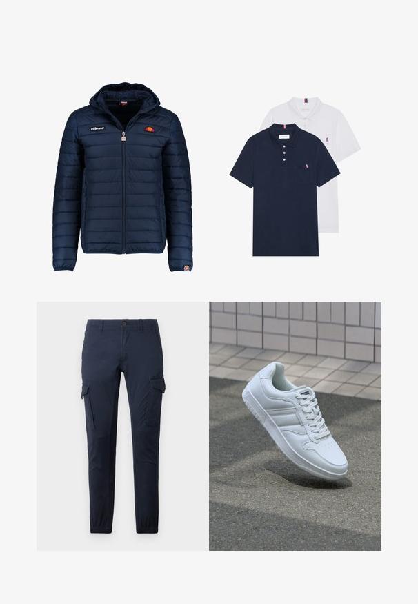 Chaqueta acolchada azul marino con capucha, cierre de cremallera, costuras en canales y acentos de logo en el pecho y la manga. Tejido suave y texturizado.; Dos camisetas polo: una de color azul marino y otra blanca, ambas con un pequeño acento en rojo, blanco y azul en el bolsillo del pecho y el cuello.; Pantalones de carga en color navy hechos de tela duradera, con múltiples bolsillos, una cinturilla con botón y puños elásticos en los tobillos.; Zapatilla atlética blanca con parte superior de cuero suave, cierre de cordones en el frente, puntera perforada y suela con patrón. Diseño minimalista con tres rayas laterales.
