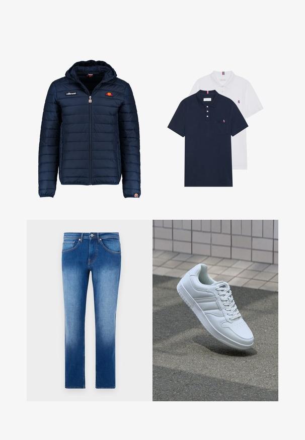 Jachetă puffer de culoare bleumarin, cu glugă, închidere cu fermoar, cusături în canale și detalii cu logo pe piept și pe mânecă. Material moale, texturat.; Două tricouri polo: unul albastru navy și unul alb, ambele având un mic accent roșu, alb și albastru pe buzunarul de la piept și guler.; Jeans de un albastru deschis, cu o decolorare graduală, design cu picior drept, cinci buzunare și cusături contrastante portocalii pe șanțuri. Textură clasică de denim.; Adidași albi pentru sport cu superior din piele netedă, sistem de șireturi în față, vârf perforat și talpă cu model. Design minimalist cu trei dungi laterale.