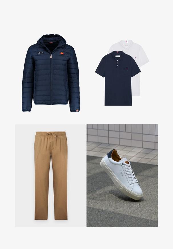 Tummansininen puhvitakki, jossa on huppu, vetoketjukiinnitys, kanavapistoilu ja logoteemaiset yksityiskohdat rinnassa ja hihassa. Pehmeä, teksturoitu kangas.; Kaksi polo-paitaa: yksi tummansininen ja yksi valkoinen, molemmissa pieni punainen, valkoinen ja sininen yksityiskohta rintataskussa ja kauluksessa.; Valaiset ruskeat, löysät housut, jotka on valmistettu sileästä kankaasta. Niissä on joustava vyötärö ja naru sekä suorat lahkeet.; Valkoinen nahkakenkä, jossa on tummansininen kantapää, pyöreä kärki ja ristikkäiset ruskeat korostukset. Varustettu tasapaksuilla nauhoilla ja teksturoidulla kumipohjalla.