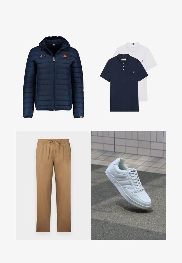 Navy blue puffer jacket with a hood, zip closure, channel stitching, and logo accents on the chest and sleeve. Soft, textured fabric.; Two polo shirts: one navy blue and one white, both with a small red, white, and blue accent on the chest pocket and collar.; Light brown, loose-fitting pants made from a smooth fabric. Feature an elastic waistband with a drawstring and straight leg design.; White athletic sneaker with smooth leather upper, lace-up front, perforated toe, and patterned sole. Minimalist design with three side stripes.