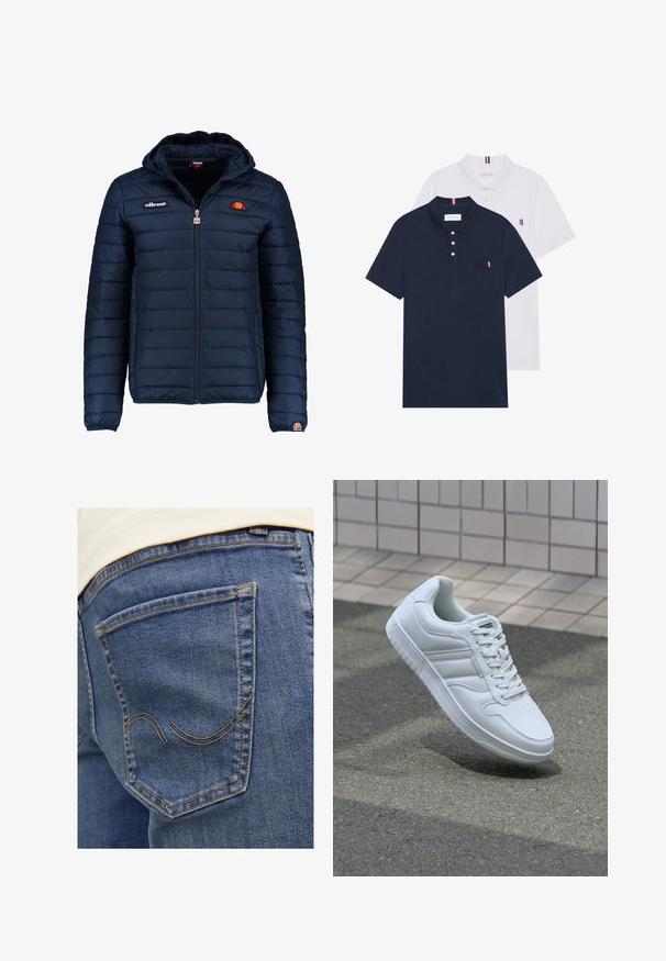 Tums zilā puffer jaka ar kapuci, rāvējslēdzēja aizdare, kanālu šuvēm un logotipa akcentiem uz krūtīm un piedurknēm. Mīksta, teksturēta auduma.; Divas polo kreklu komplekts: viens tumši zils un viens balts, abi ar mazu sarkanu, baltu un zilu akcentu uz krūšu kabatas un apkakles.; Gai zili džinsi ar izliekta aizmugurējo kabatu dizainu un dzeltenām izšūšanām. Audumam ir gluda tekstūra un nolietots izskats.; Balti sporta apavi ar gludu ādas virsu, sasienamais priekšpuse, perforēts purngals un rakstaina zole. Minimālisma dizains ar trim sānu svītrām.