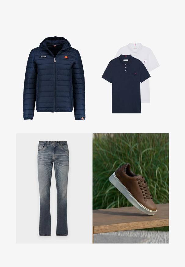 Mornaricnoplava pufasta jakna s kapuljačom, zatvaranje na zip, kanalno šivanje i akcenti s logom na prsima i rukavu. Mekani, teksturirani materijal.; Dva polo majice: jedna tamnoplava i jedna bijela, obje s malim crveno-bijelim-plavim naglaskom na džepu i ovratniku.; Traperice, svijetloplava boja, blago istrošene, ravne nogavice, pet džepova, metalni detalji i šavovi.; Smeđe kožne tenisice s bijelim gumiranim potplatom, zaobljenim nosom i smešnim vezicama. Teksturirana površina na potplatu i glatka završna obrada na gornjem dijelu.