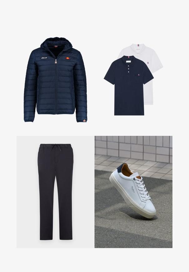 Tamsiai mėlynas pūkinis švarkas su gobtuvu, užtrauktuku, kanalų siuvimu ir logotipo akcentais krūtinėje bei rankovėje. Minkšta, tekstūruota medžiaga.; Du keturių marškiniai: vienas tamsiai mėlynas ir vienas baltas, abu su mažais raudonais, baltais ir mėlynais akcentais ant krūtinės kišenės ir apykaklės.; Juodos sportinės kelnės, pagamintos iš minkštos medžiagos, su elastingu liemeniu, reguliuojama raišteliu ir tiesia kojų konstrukcija. Nėra matomų raštų ar papuošimų.; Balti odiniai sportbačiai su mėlynu kulnu, apvalia nosimi ir kontrastingais rudais akcentais. Aptakios raišteliai ir tekstūruota guma.