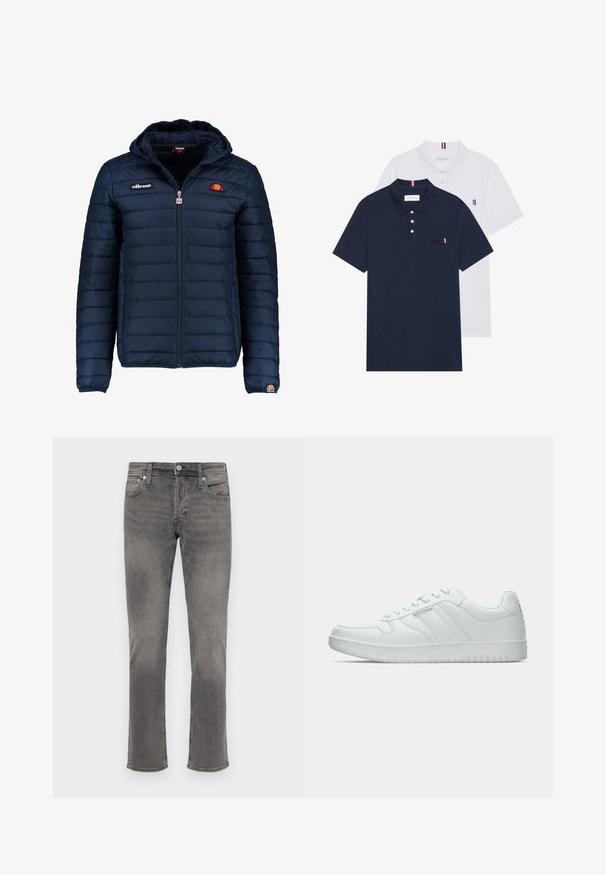 Veste matelassée bleu marine avec capuche, fermeture zippée, coutures en canaux et accents de logo sur la poitrine et la manche. Tissu doux et texturé.; Deux polos : un bleu marine et un blanc, tous deux avec un petit accent rouge, blanc et bleu sur la poche poitrine et le col.; Jean en denim gris avec une coupe droite, style cinq poches, braguette à boutons et légère décoloration sur le devant.; Baskets blanches en matériau synthétique. Présentent une texture lisse, un bout rond, un design à lacets et des accents rayés sur les côtés.