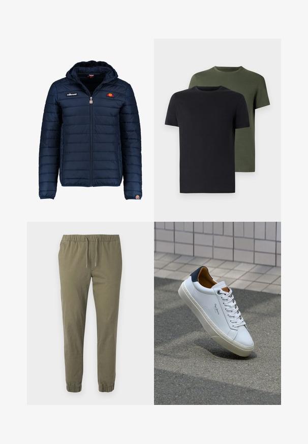 Navy blue puffer jacket with a hood, zip closure, channel stitching, and logo accents on the chest and sleeve. Soft, textured fabric.; Two crew-neck t-shirts in black and olive green, made of soft cotton fabric. The design is simple with short sleeves and a straight cut.; Olive green, tapered pants with an elastic waistband and adjustable drawstring. Features elastic cuffs and a smooth, lightweight fabric.; White leather sneaker with a navy heel, round toe, and contrasting brown accents. Features flat laces and textured rubber sole.