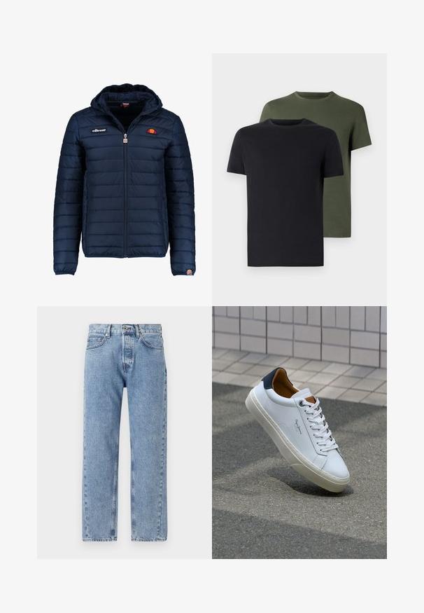 Chaqueta acolchada azul marino con capucha, cierre de cremallera, costuras en canales y acentos de logo en el pecho y la manga. Tejido suave y texturizado.; Dos camisetas de cuello redondo en negro y verde oliva, hechas de suave tela de algodón. El diseño es simple, con mangas cortas y corte recto.; Jeans de mezclilla azul claro con un corte holgado, diseño de pierna recta, cinco bolsillos y detalles de costura visibles en las costuras.; Zapatilla de cuero blanca con talón en azul marino, punta redonda y acentos en marrón a contraste. Presenta cordones planos y suela de goma texturizada.