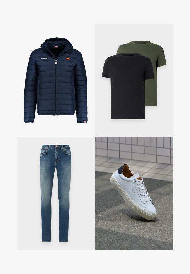 Casaco puffer azul marinho com capuz, fecho de correr, costura em canais e detalhes do logo no peito e na manga. Tecido macio e texturizado.; Duas t-shirts de gola redonda nas cores preto e verde-oliva, feitas de um tecido de algodão suave. O design é simples, com mangas curtas e corte reto.; Calças de ganga azul com um corte straight, cintura média e um leve desbotado. Apresenta cinco bolsos e costura contrastante ao longo das costuras.; Sapatilha de couro branco com calcanhar azul marinho, bico redondo e detalhes em castanho contrastantes. Apresenta atacadores planos e sola de borracha texturizada.