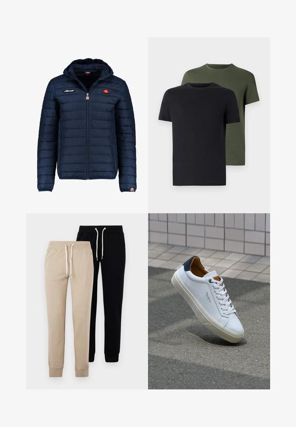 Navy blue puffer jacket with a hood, zip closure, channel stitching, and logo accents on the chest and sleeve. Soft, textured fabric.; Two crew-neck t-shirts in black and olive green, made of soft cotton fabric. The design is simple with short sleeves and a straight cut.; Two pairs of sweatpants: one beige and one black, featuring elasticated cuffs and drawstring waistbands with silver hardware accents.; White leather sneaker with a navy heel, round toe, and contrasting brown accents. Features flat laces and textured rubber sole.