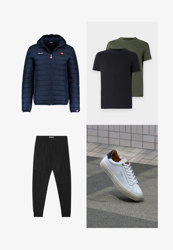 Marineblauwe gewatteerde jas met een capuchon, ritsluiting, kanalenstiksel en logoaccenten op de borst en mouw. Zachte, gestructureerde stof.; Twee crew-neck t-shirts in zwart en olijfgroen, gemaakt van zachte katoen. Het ontwerp is eenvoudig met korte mouwen en een rechte snit.; Zwarte sportbroeken van textuurstof, met een verstelbare tailleband, een ritssluiting opzij en tapered boorden.; Witte leren sneaker met een marineblauwe hiel, ronde neus en contrasterende bruin accent. Beschikt over platte veters en een gestructureerde rubberen zool.