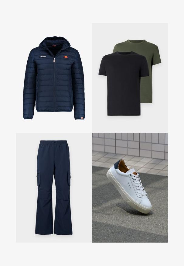 Dunkelblaue Daunenjacke mit Kapuze, Reißverschluss, Kastensteppnähten und Logo-Akzenten auf der Brust und dem Ärmel. Weicher, strukturierter Stoff.; Zwei Rundhals-T-Shirts in Schwarz und Olivgrün, aus weichem Baumwollstoff gefertigt. Das Design ist schlicht mit kurzen Ärmeln und geradem Schnitt.; Marine Cargo-Hosen aus leichtem Stoff mit einem Kordelzugbund, zwei seitlichen Taschen und mit Reißverschluss versehenen Cargo-Taschen an beiden Beinen.; Weiße Ledersneaker mit navyfarbenem Fersenbereich, runder Zehenpartie und kontrastierenden braunen Akzenten. Verfügt über flache Schnürsenkel und eine strukturierte Gummisohle.
