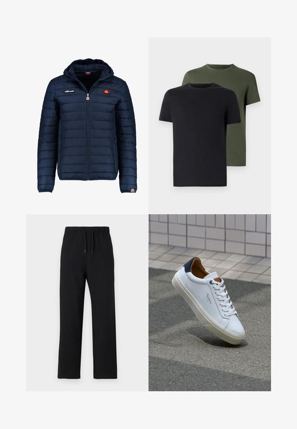 Tengerészkék puffos dzseki kapucnival, cipzáras záródással, csatorna varrással, és logóval díszített mellkassal és ujjakkal. Puha, texturált anyag.; Két crew neck póló fekete és olíva zöld színben, puha pamut anyagból. A design egyszerű, rövid ujjú és egyenes szabású.; Jack & Jones JPSTKANE JJCHARGE UNCUFFED - Tréningruha alsók - black; Fehér bőr sneaker sötétkék sarkúval, kerek orral és kontrasztos barna részletekkel. Lapított fűzőkkel és textúrált gumitalppal rendelkezik.