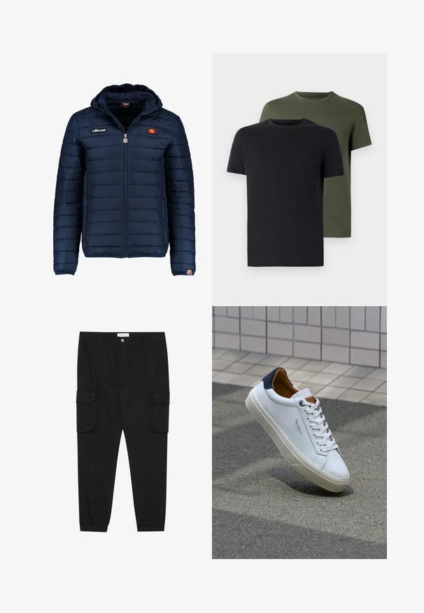 Dunkelblaue Daunenjacke mit Kapuze, Reißverschluss, Kastensteppnähten und Logo-Akzenten auf der Brust und dem Ärmel. Weicher, strukturierter Stoff.; Zwei Rundhals-T-Shirts in Schwarz und Olivgrün, aus weichem Baumwollstoff gefertigt. Das Design ist schlicht mit kurzen Ärmeln und geradem Schnitt.; Schwarze Cargo-Hose mit geradem Bein, elastischen Bündchen und mehreren Seitentaschen. Hergestellt aus strukturiertem Stoff mit einem Knopfverschluss.; Weiße Ledersneaker mit navyfarbenem Fersenbereich, runder Zehenpartie und kontrastierenden braunen Akzenten. Verfügt über flache Schnürsenkel und eine strukturierte Gummisohle.