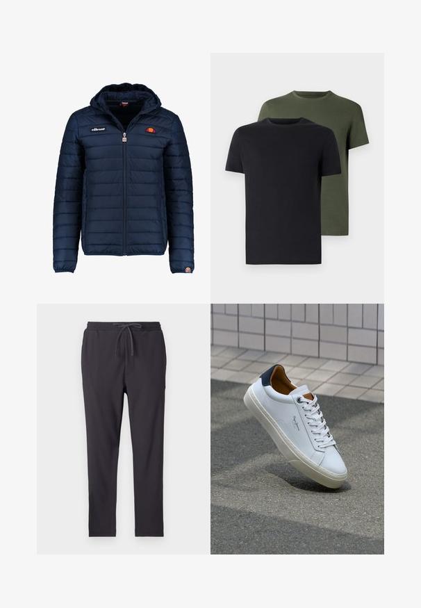 Granatowa kurtka puchowa z kapturem, zapinana na zamek, z przeszyciami w kształcie kanałów oraz akcentami loga na piersi i rękawie. Miękka, teksturowana tkanina.; Dwa t-shirty z okrągłym dekoltem w czarnym i oliwkowym kolorze, wykonane z miękkiej bawełny. Design jest prosty, posiada krótkie rękawy i prosty krój.; Ciemnoszare spodnie dresowe z elastycznym pasem, sznurkiem do regulacji, kieszeniami po bokach oraz prążkowaną fakturą na całej powierzchni.; Białe skórzane trampki z granatowym piętkiem, okrągłym noskiem i kontrastowymi brązowymi akcentami. Posiadają płaskie sznurówki i teksturowaną gumową podeszwę.